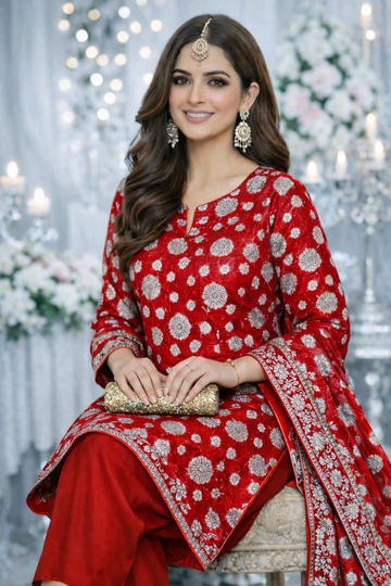 Luxury Shafoon Banarsi Unstitched Suit – Silver Floral Work
