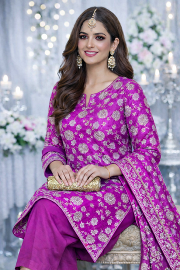 Luxury Shafoon Banarsi Unstitched Suit – Silver Floral Work