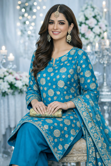 Luxury Shafoon Banarsi Unstitched Suit – Silver Floral Work
