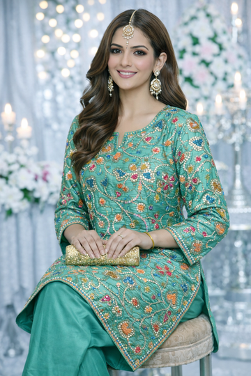 Premium Silk Mirror Embroidered Unstitched Suit for Festive Wear