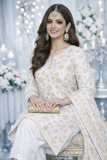 Luxury Shafoon Banarsi Unstitched Suit – Silver Floral Work
