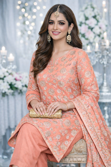 Luxury Shafoon Banarsi Unstitched Suit – Silver Floral Work