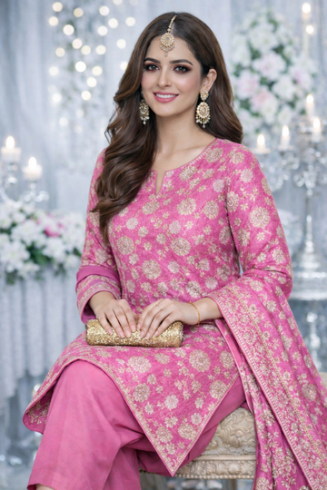 Luxury Shafoon Banarsi Unstitched Suit – Silver Floral Work