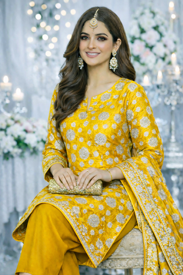 Luxury Shafoon Banarsi Unstitched Suit – Silver Floral Work