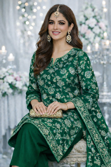 Luxury Shafoon Banarsi Unstitched Suit – Silver Floral Work