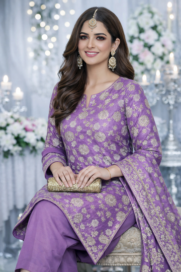 Luxury Shafoon Banarsi Unstitched Suit – Silver Floral Work