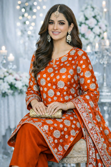 Luxury Shafoon Banarsi Unstitched Suit – Silver Floral Work