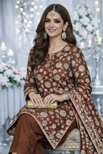 Luxury Shafoon Banarsi Unstitched Suit – Silver Floral Work