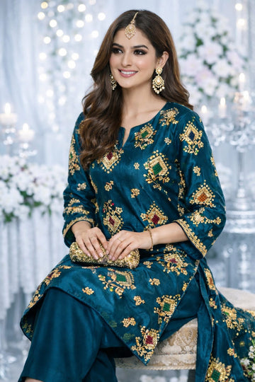 Premium Silk Mirror Embroidered Unstitched Suit for Festive Wear