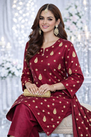 Premium Silk Mirror Embroidered Unstitched Suit for Festive Wear