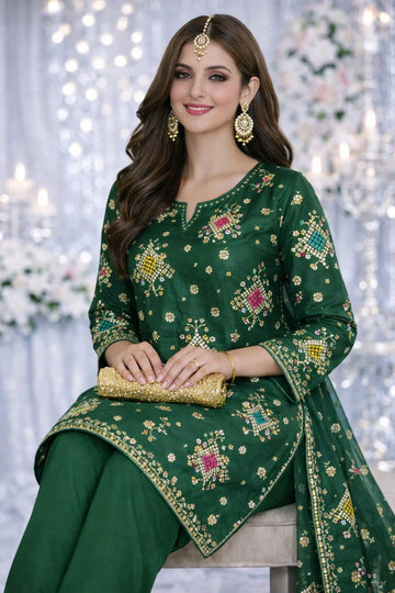 Premium Silk Mirror Embroidered Unstitched Suit for Festive Wear