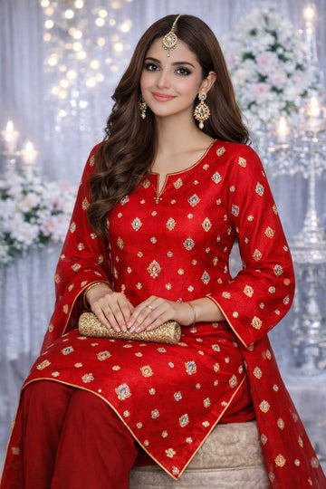 Premium Silk Mirror Embroidered Unstitched Suit for Festive Wear